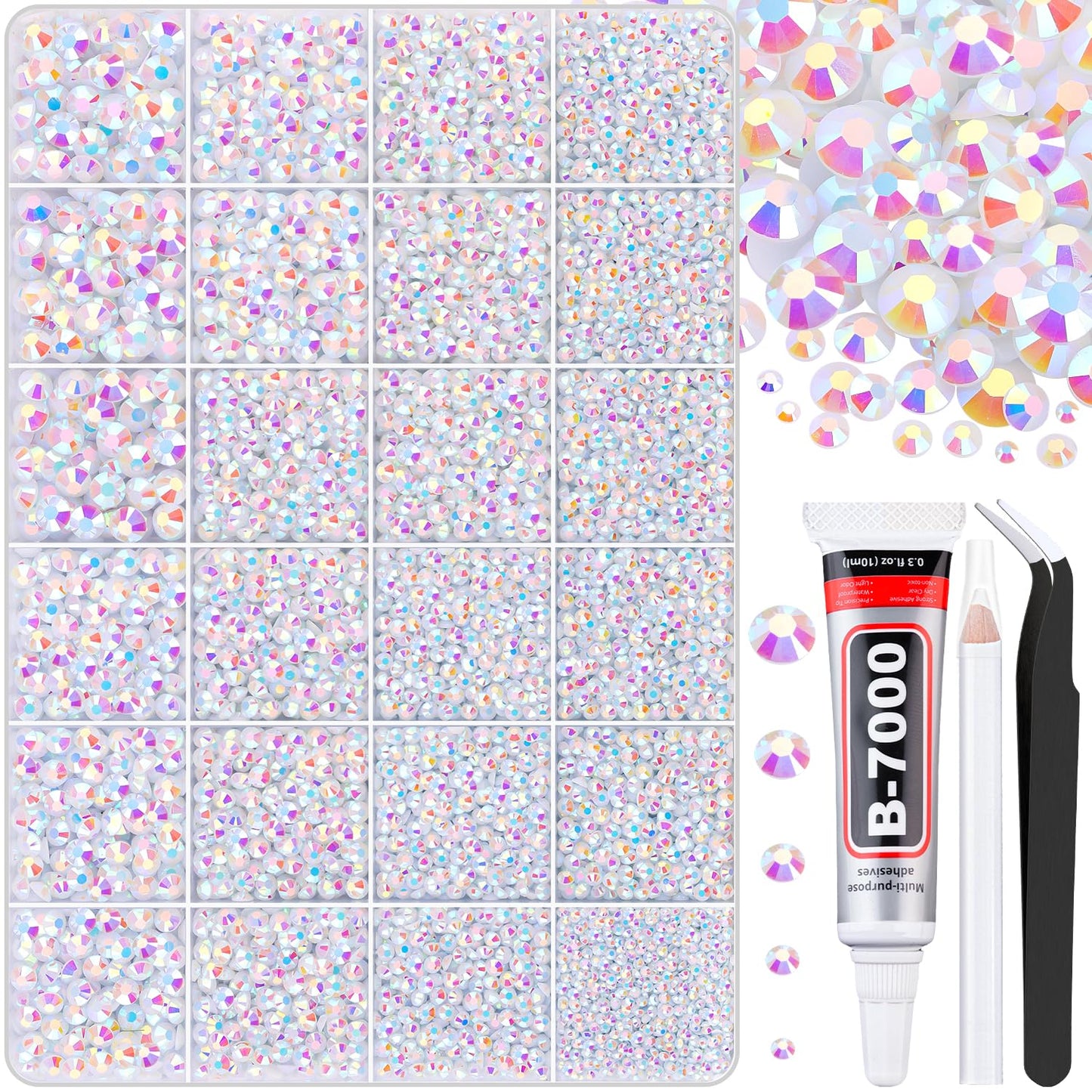 30000Pcs White AB Rhinestones for Bedazzling with B7000 Jewelry Glue, Bedazzler Kit Flatback Gems, Resin Rhinestones for Crafting Crafts Clothing Shoes Fabric Nail Art Assorted Size 2/3/4/5/6mm