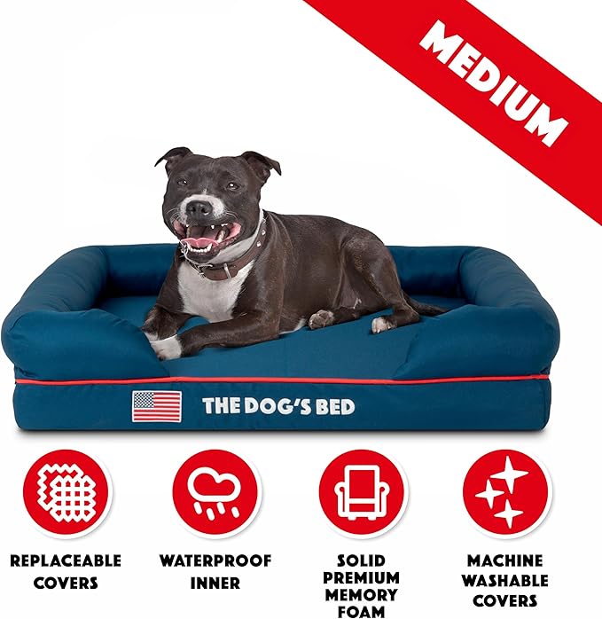 The Dog’s Bed, Medium Blue Oxford with Red Trim USA Flag Dog Bed 30x23.5, Memory Foam, Pain Relief, Post Surgery, Lameness, Supportive, Calming, Waterproof Washable Cover Cover, Veterinary Approved