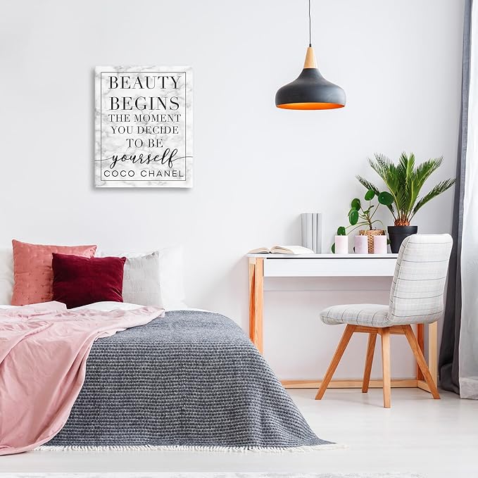 Stupell Industries Beauty Begins Once You Decide to Be Yourself White Marble Typography, Design by Daphne Polselli Wall Art, 24 x 30, Black