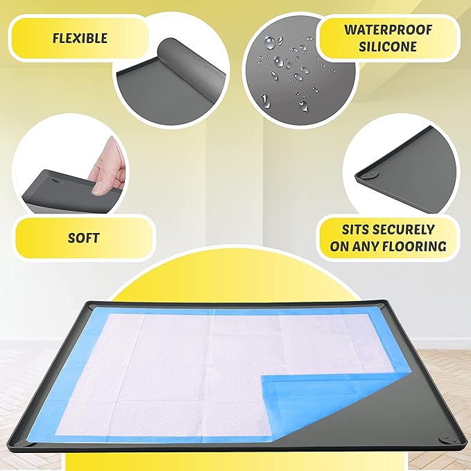 TidyFriend Dog Pee Pad Holder Tray Fits for 27.5” x 44” Pee Pads with Corner Lock Holes, Raised Edges, Non-Spill, Easy to Clean Silicone Dog Potty Tray Holder, For Indoor Floor Protection (Grey)