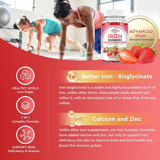 Iron Gummies - with Calcium, Zinc, Folate & Vitamin B12, C,B6 for Adults & Kids - Blood Builder & Energy Support for Iron Deficiency, Anemia, Vegan - 60 Gummies