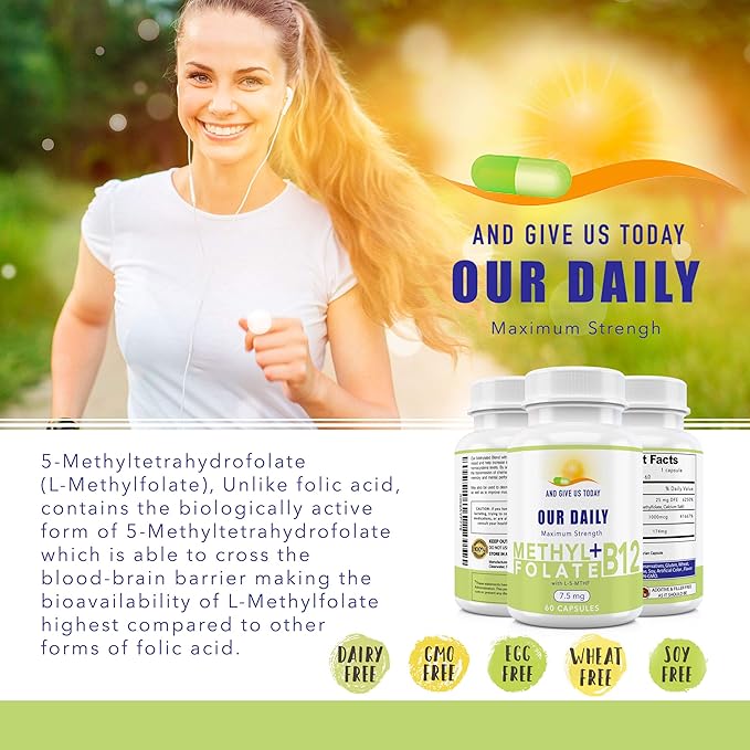 L-Methylfolate 7.5 mg + B 12 (1000 mcg) - 60 Capsules - Methylated & Glycine - Boost Mood, Energy & Memory - Immune Support & VItamin Supplement for Men & Women - Non-GMO, Vegetarian Capsules