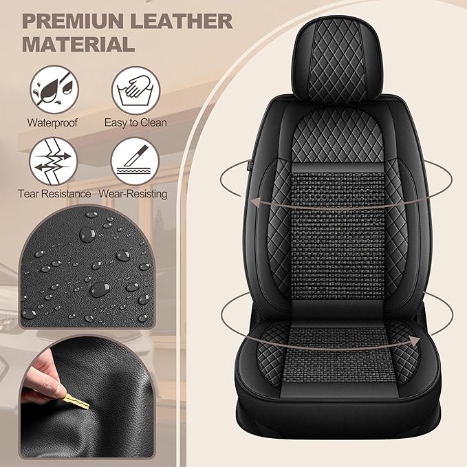 TTX LIGHTING for Acura TSX 2009-2014 Car Seat Covers, Breathable Ice Silk & Leather Seat Protector, Cool & Anti-Sweat for Long Driving, Airbag Compatible, 2 Front Seats (Black)