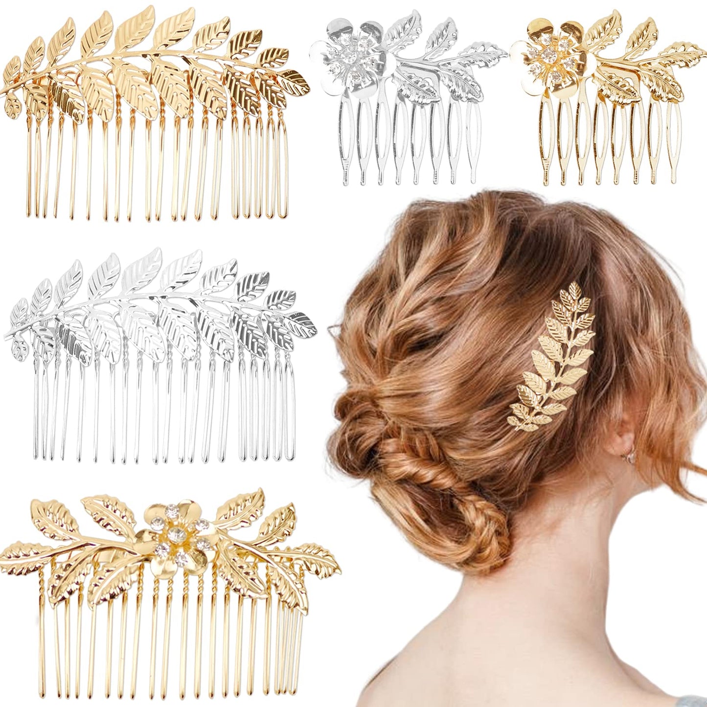 5 Pieces Leaf Hair Side Combs Gold Silver Rhinestone Hair Comb Clips With Teeth Combs For Wedding Hair Accessories For Women, Gi