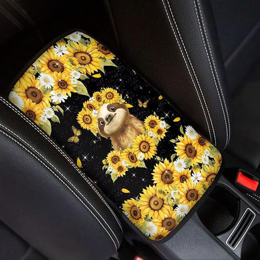 Suobstales Sloth Sunflower Daisy Butterfly Print Car Armrest Pad Soft Center Console Arm Rest Protector Cover Universal Car Interior Accessories Decoration