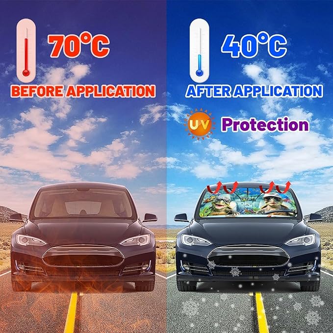 CHILL·TEK Funny Animal Car Windshield Sun Shade Umbrella, Funny Turtles Car Sun Shade Umbrella, Block UV Rays Heat Foldable Windshield Umbrella Sun Visor Protector - Keep Vehicle Cool for Cars SUV