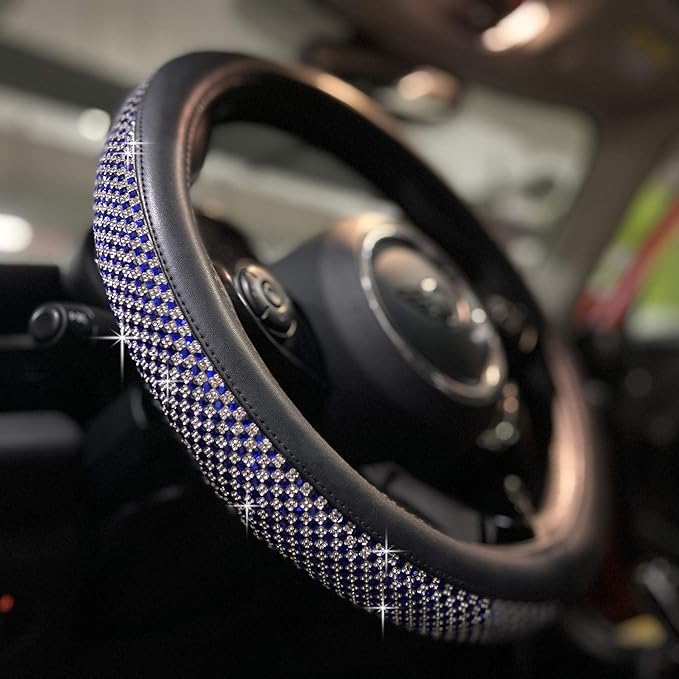 PINCTROT Large Size Bling Comfy Steering Wheel Cover with Jumbo Crystal Rhinestones, Anti-Slip Diamond Leather, 15.5-15.75 Inch (Blue)