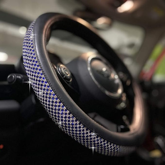 PINCTROT Bling Bling Comfy Steering Wheel Cover with Jumbo Crystal Rhinestones, Anti-Slip Diamond Leather, Universal 15 Inch (Blue)