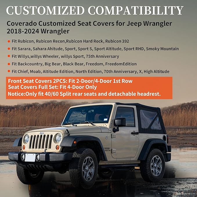 Coverado Seat Covers Full Set for Jeep Wrangler, Waterproof Car Seat Covers for Automotive Truck Seat Covers Custom Fit for 2008-2012 Jeep Wrangler JK Seat Covers for Cars 4 Door(Red Line)