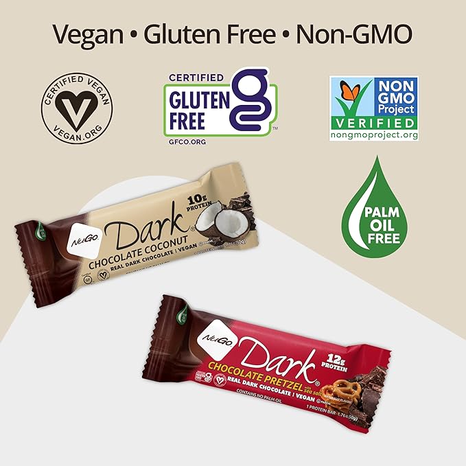 NuGo Dark Variety - Chocolate Pretzel 12 Bars & Chocolate Chocolate Chip 12 Bars, 12g Protein, Vegan, Gluten Free, Non-GMO, Kosher Pareve, 24 Count