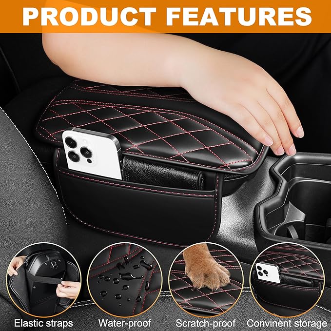 Car Center Console Cover Fit for Jeep Cherokee Compass Gladiator Liberty Patriot Renegade Wrangler - Leather Armrest Covers with 2 Storage Pockets(Black&Red)