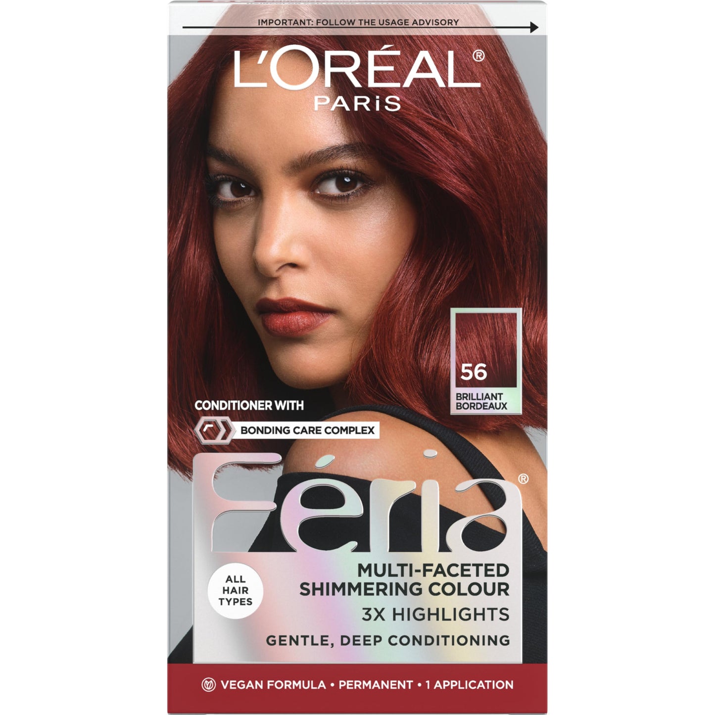 L'Oreal Paris Feria Multi-Faceted Shimmering Permanent Hair Color, 56 Brilliant Bordeaux (Auburn Brown), Pack Of 1, Hair Dye