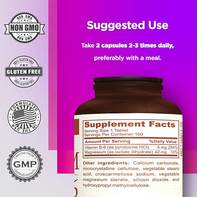 Magnesium & Vitamin B6 - Helps Maintain Muscle Health - Supports Brain Health & Nerve Function - Helps Daily Vitality & Sleep Quality - Recovery Boost - Dietary Supplement - 100 Tablets