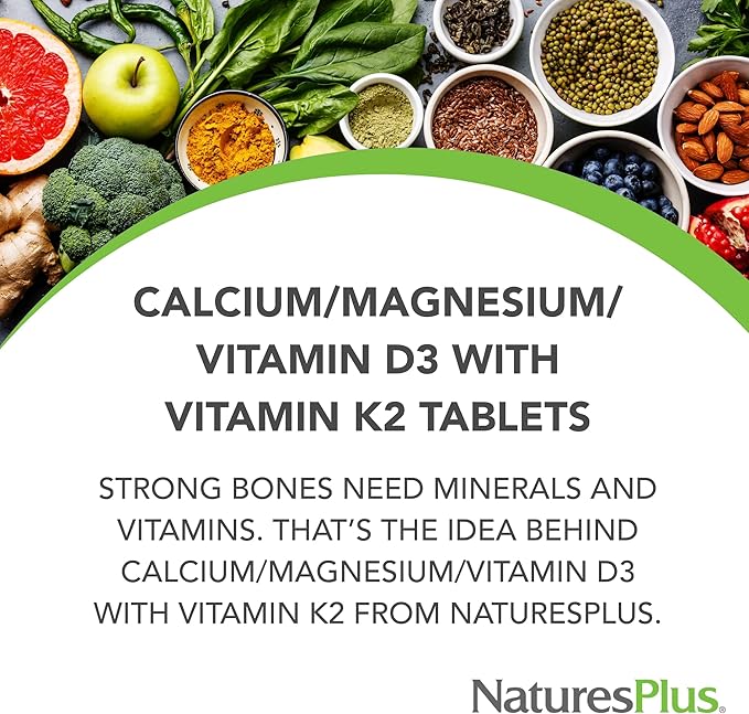 NaturesPlus Calcium/Magnesium/Vitamin D3 with Vitamin K2 - Supports Bone & Immune Health - Vegetarian, Gluten Free - 90 Tablets - 22.5 Servings