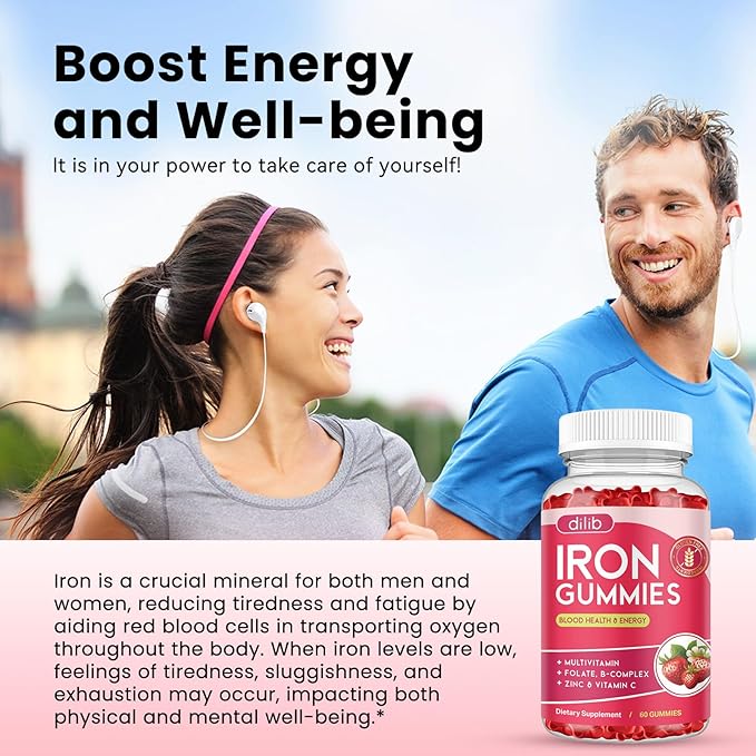 2 Pack Iron Gummies with Multivitamin, Iron Supplement for Women & Men with Zinc, Vitamin B Complex & C, B12, Folate - Blood Builder & Energy Support for Adults & Kids - Strawberry Flavor, Vegan 120ct