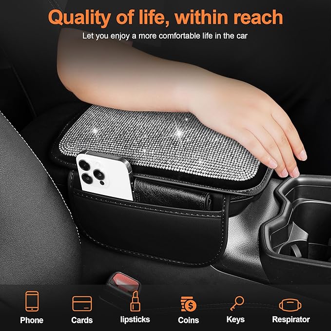 Bling Car Center Console Cover Custom Fit for Jeep Grand Cherokee L - Leather Armrest Cover with 2 Storage Pockets and Crystal Rhinestones(Black)