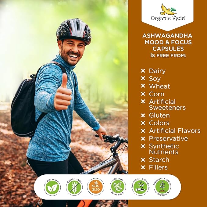 Organic Veda Ashwagandha Mood Support Supplement 1200mg, with Organic Ashwagandha Root, Bacopa, Rhodiola Rosea, Holy Basil, Moringa, Focus & Energy Support - 60 Vegan Capsules