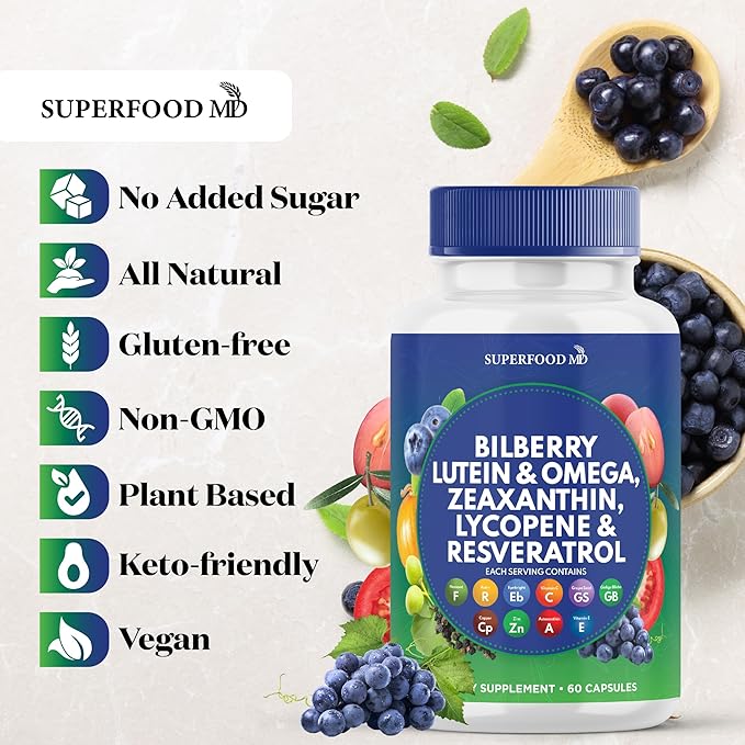 Superfood MD Eye Health Vitamins with Bilberry Lutein & Zeaxanthin Lycopene Resveratrol Grape Seed Extract Astaxanthin - AREDS 2 - Eye Vitamin - 180 Capsules