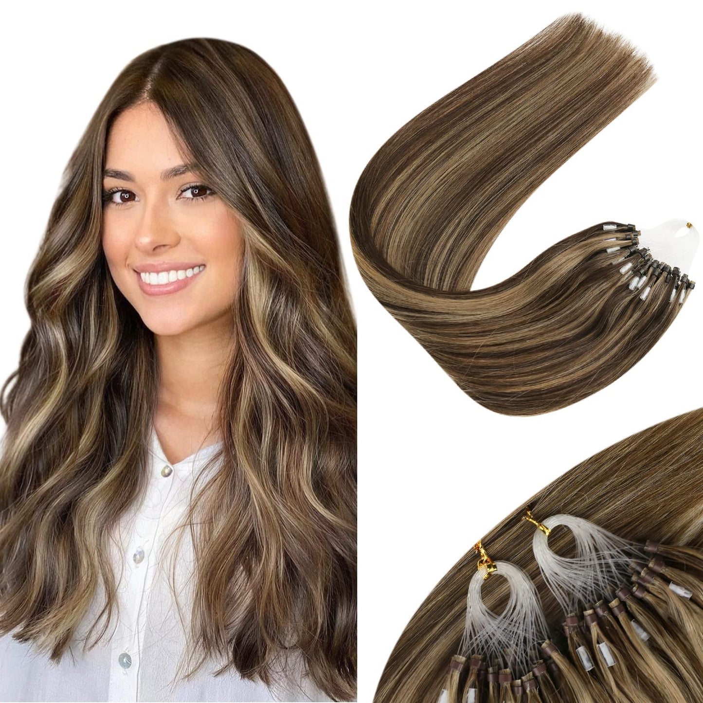 Sunny Hair Micro Hair Extensions Human Hair Brown Micro Loop Hair Extensions Darkest Brown Highlights Caramel Blonde Micro Ring