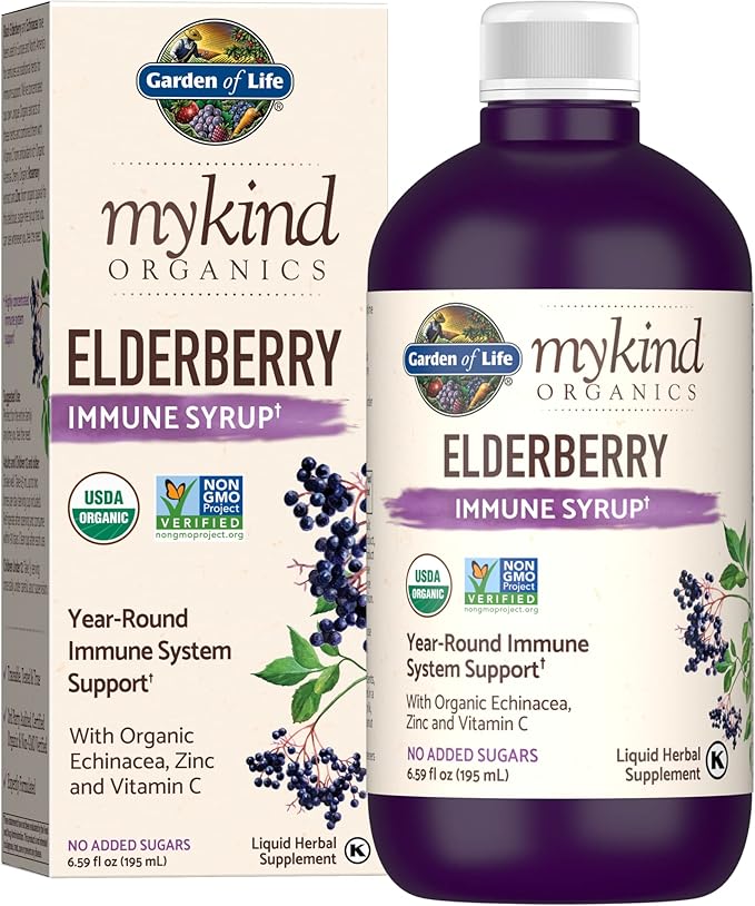 Garden of Life Organics Plant-Based Elderberry Immune Syrup 6.59 fl oz & Zinc Supplements 30mg High Potency Raw Zinc and Vitamin C Multimineral Supplement