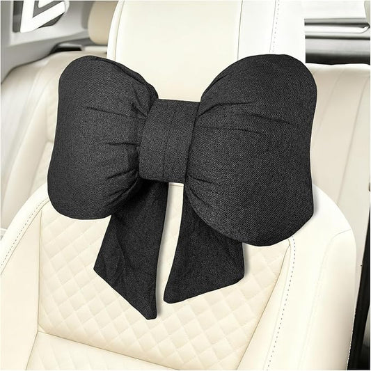 Sun Walker Bow Car Headrest Pillow, Breathable Bow-Shaped Vehicle Neck Pillow with Adjustable Strap, Ergonomic Neck Support Cushion Driving Seat Decoration for Women Girls (Black)