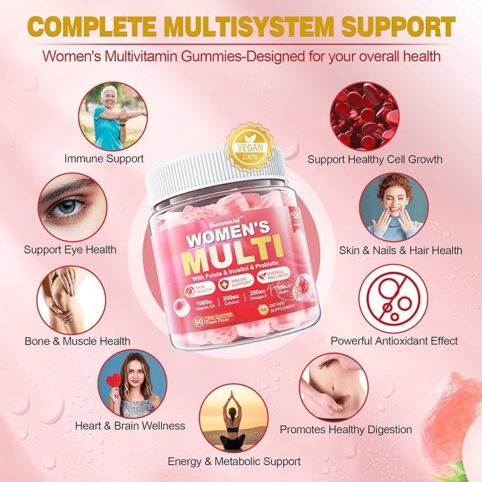 Sugar-Free Women's Multivitamin Gummies - Women Methylated Multivitamin Filled Gummies with Omega-3, Enzymes & Antioxidant Blend to Support Overall Health, Immunity, Hair, Nails & Skin Health - 60 ct