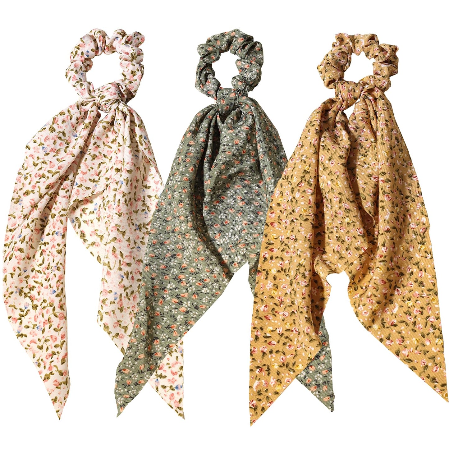 3Pcs Women Ribbon Scrunchies Bow Knotted Classic Floral Pattern Hair Ties Vintage Bunny Ear Ponytail Holders Hair Accessories