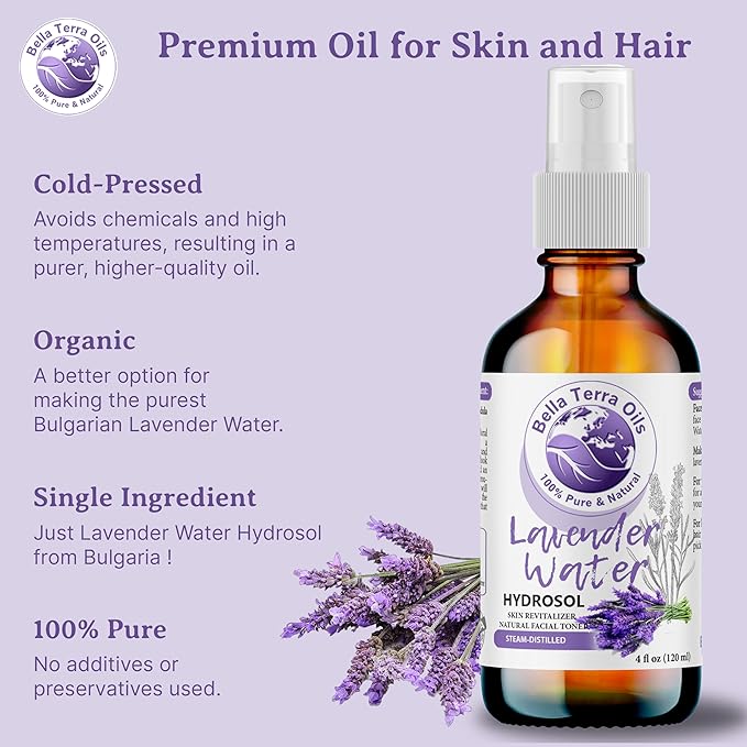 Bella Terra Oils - Hydrosol Water 16oz - Luxurious Lavender Organic Rose Water Blend, Packed with Essential Minerals & Amino Acids, Ultimate Skin Quencher