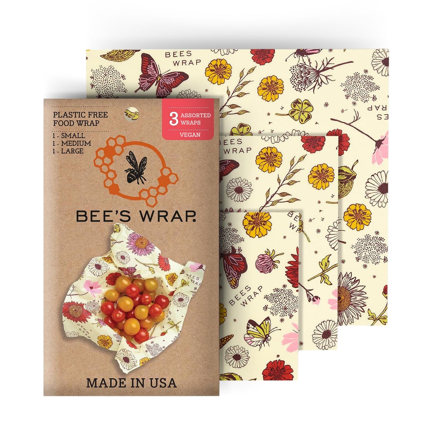 Bee's Wrap Beeswax Wraps for Food - Garden Party 3 Pack (S, M, L) Made in USA Reusable & Organic Food Wraps, Sandwich Wrap & Bowl Covers - Eco-Friendly Alternative to Aluminum Foil & Plastic Wrap