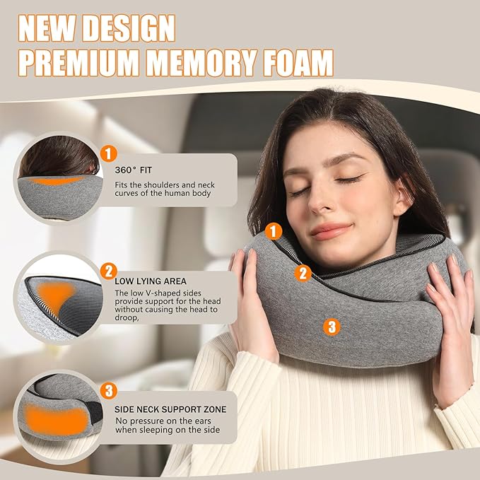 Travel Neck Pillows for Airplanes Or Cars, 360° Head Support for Comfort On Long Flight, Skin-Friendly and Breathable, Kit with 3D Contoured Eye Mask, Earplugs and Storage Bag