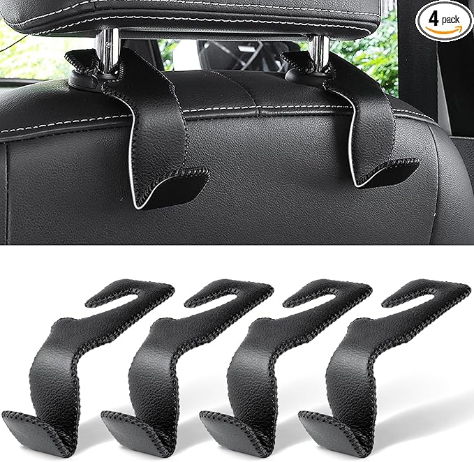 LivTee Headrest Hook for Car, Back Seat Organizer Black Leather Hanger Holder Hook, Interior Car Accessories for Hanging Purses Bags Coats, 4 Pack