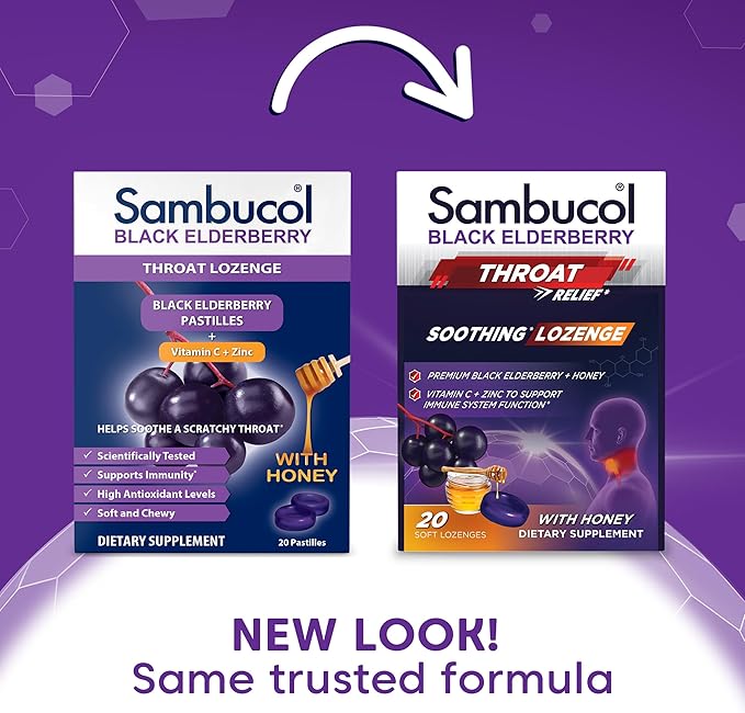 Sambucol Black Elderberry Throat Lozenge - with Honey, Vitamin C & Zinc, Elderberry Lozenges Sore Throat & Cough, Soothes Scratchy Throat, Supports Immunity, Soft & Chewy - 20 Count, 2-Pack