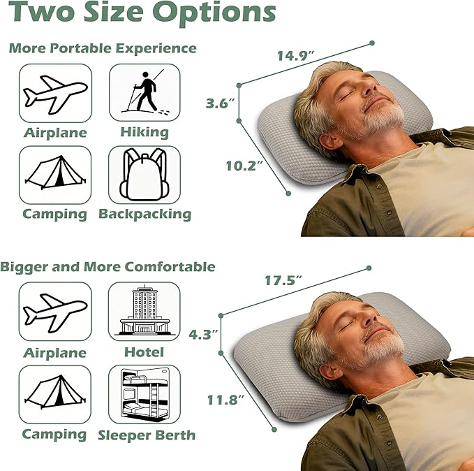Cooling Camping Pillow, Memory Foam Travel Pillow with Adjustable Buckle Strap & Storage Bag, Compact Small Pillow for Airplane, Car Lumbar, Office, Washable Cooling Cover, Dusk Grey