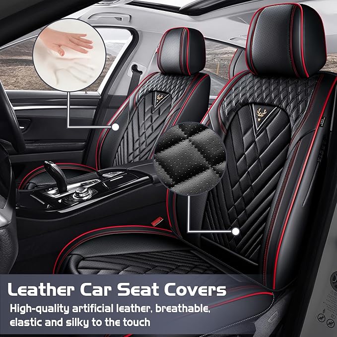 Truck Seat Covers for GMC Sierra 3500 2007-2026, Waterproof Premium Leather Full Coverage Car Seat Cover, Muscle Sport Style Auto Interior Seat Cover Sets (Front Set/Black Red)
