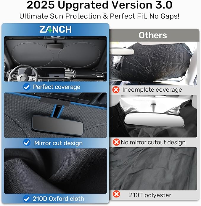 2025 Upgraded Zanch Car Front Windshield Sun Shade - Ultimate UV Protection & Heat Reduction|Innovative No Light Leakage Technology|Foldable Design for Van,Truck 2XLarge(75'' x 37'')