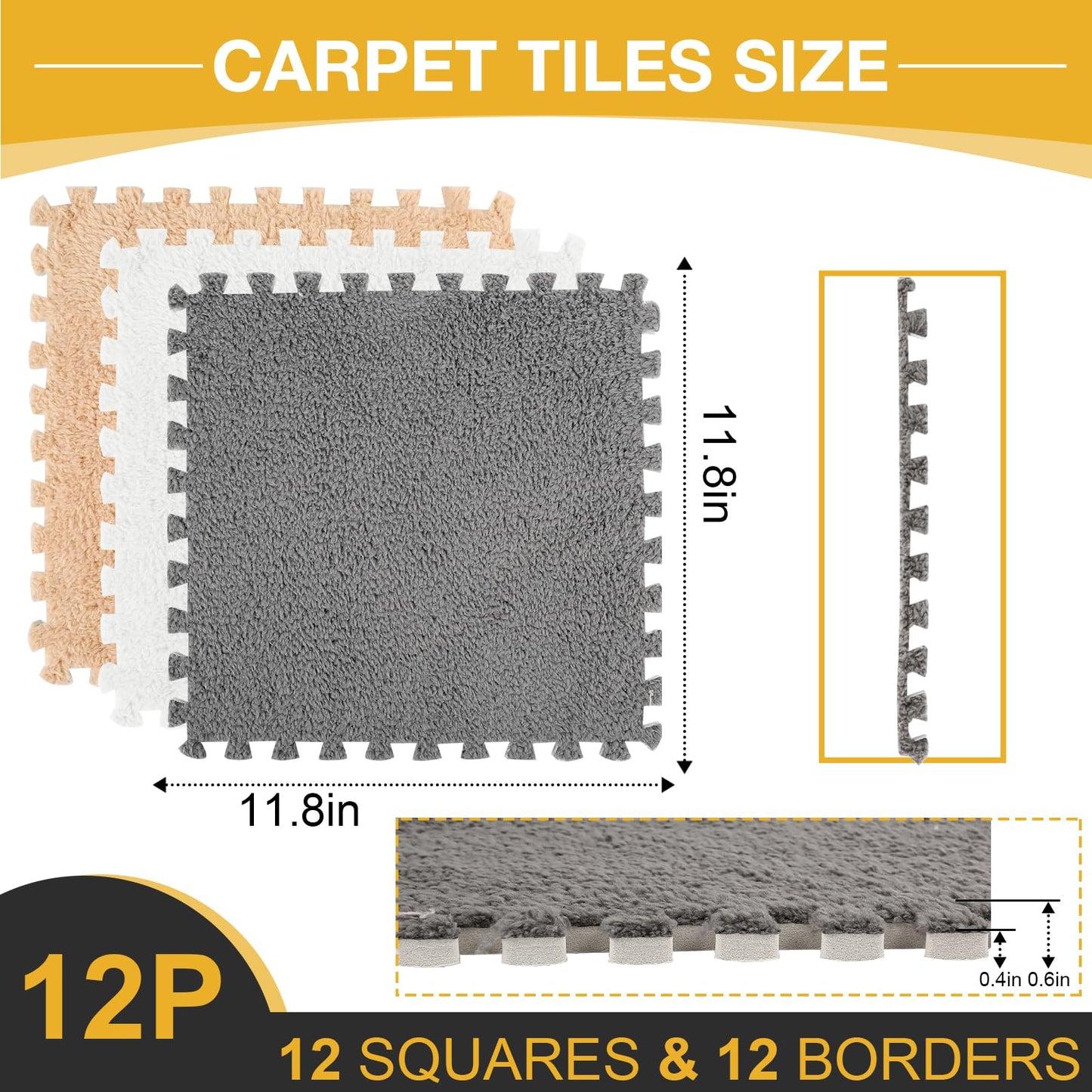 12 Pcs Plush Interlocking Carpet Tiles，Non-Toxic Foam Carpet Tiles for Toddler Baby，Machine-Washable，Anti-Slip，EVA Foam Interlocking Tiles for Floor, Nursery, Grey White Light Brown