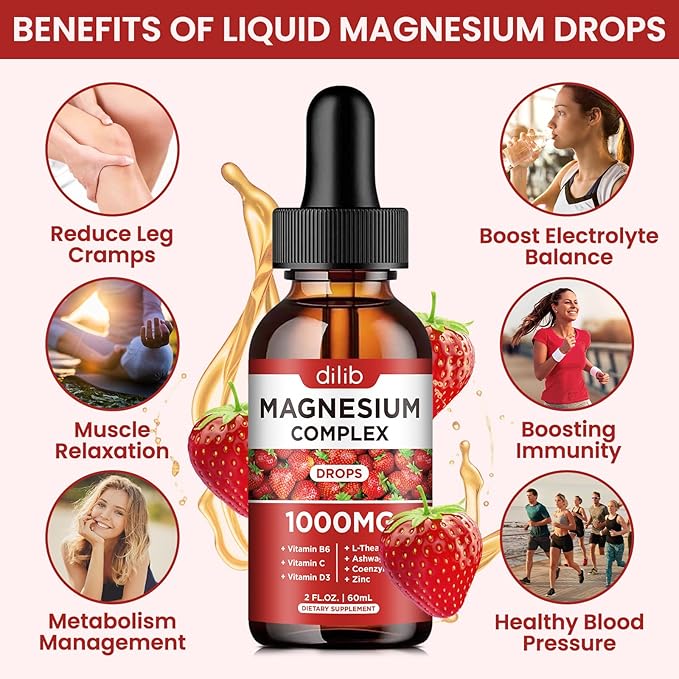 Triple Magnesium Complex Supplement, Magnesium Glycinate, Blend, Citrate Liquid Drops 1000mg with Ashwagandha, CoQ10, Vitamin B6, C, D, Zinc -Support Calm Stress Relief, Bone, Muscle, Mood 2 Pack