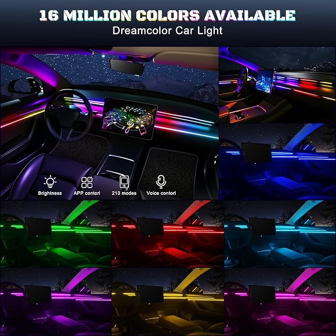Dreamcolor Acrylic Interior Car LED Strip Light with USB/Type C/4-Port Cigarette Lighter, RGB 6 in 1 with 179.24 inches 650 LEDs Ambient Lighting Kits, Sound Active Function Neon Led Strips for Car
