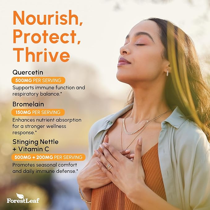 ForestLeaf Quercetin with Bromelain - 1350mg Blend with Vitamin C & Stinging Nettle, Advanced Quercetin 500mg Supplement, Non-GMO Gluten Free, Natural Immune & Respiratory Function 180 Veggie Capsules