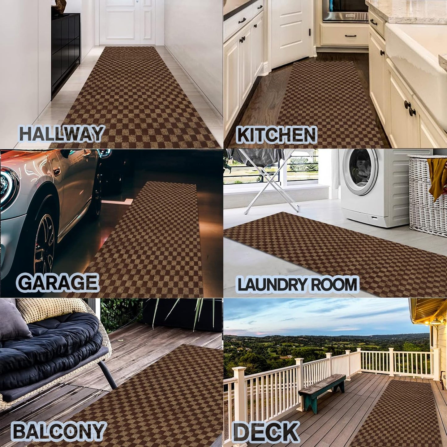 Custom Size Backed Non-Slip Area Rugs Runner, Easy Clean, Waterproof Runner Rugs for Hallway Entryway, Kitchen, Laundry, 2FT x 14FT, Brown Checkered