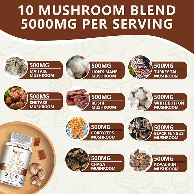 1 Pack 5000MG Mushroom Gummies -10 Blend Organic Mushroom Supplement containing Lion's Mane and Reishi for Brain and Immune Boosting, Vegan Blueberry Flavor, Non-GMO, 60 Counts