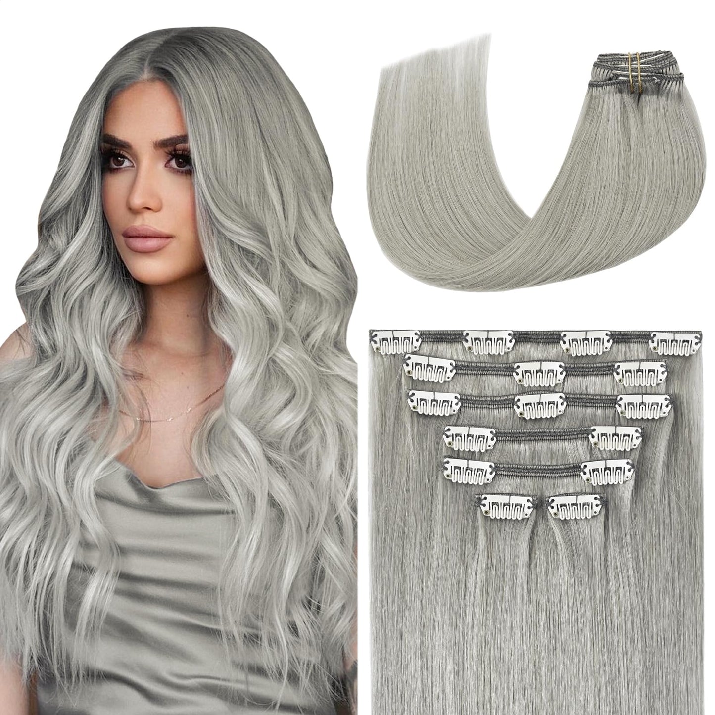 Aison Silver Clip In Hair Extensions Real Human Hair 70G Grey Remy Human Hair Clip In Extensions 20 Inch Soft Silky Straight For