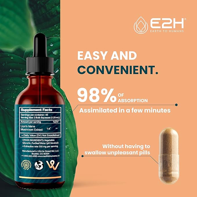 Lions Mane Liquid - Lion Mane Mushroom Supplement - Promotes Mental Clarity, Memory & Focus - Lions Mane Mushroom for Immune Support - Non-GMO, Vegan (2 Bottles) by E2H