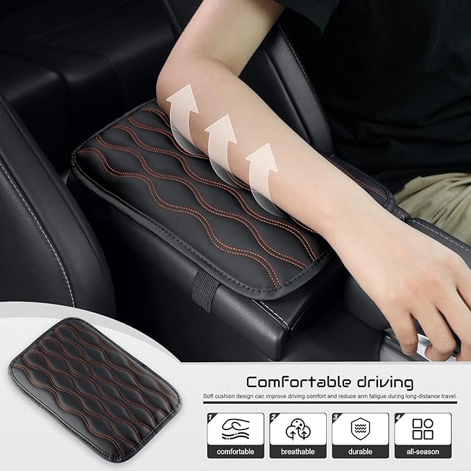 Amiss Auto Center Console Pad, Universal Waterproof Armrest Seat Box Cover, Car Interior Accessories, Leather Auto Armrest Cover Protector for Most Vehicle, SUV, Truck (Orange-Line)