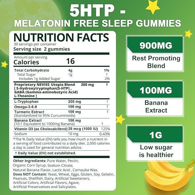 5-HTP GABA Gummies - Melatonin Free Calm & Relaxation Gummies w/Banana Extract, L-Theanine, L-Tryptophan, Omega-3-6-9 for Health Rest Cycle & & Circadian Rhythm, Natural Zzzs, Brain Relax (Pack of 2)