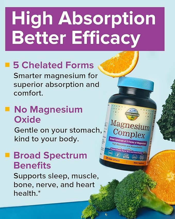 Terranics 5-in-1 Magnesium Complex Supplement 500mg - 5 Forms High Absorption Magnesium Glycinate Citrate Malate Aspartate Gluconate for Sleep Muscle Heart Health - Non-GMO 240 Vegan Capsules