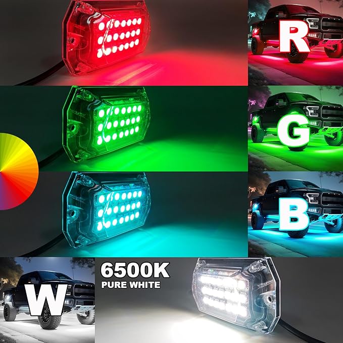 4 Pods Full Angle RGBW LED Rock Lights, RGB with White Rock Light for ATV UTV Golf Cart RZR SXS Truck SUV Car Underbody, 12V Waterproof Neon Multicolor Underglow Kit APP/RF Remote Control Sync Music