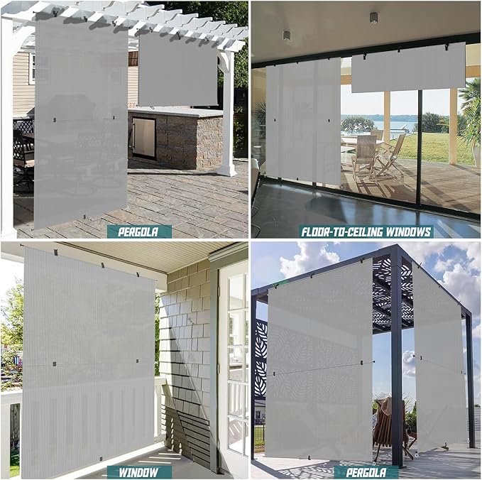 Bynbbur 7'W x 12'H Outdoor Patio Shades Foldable Roller Blinds, 220 GSM Sun Shade Roll Up Porch Screens Exterior Shade Cloth for Deck Pergola Backyard, Light Gray