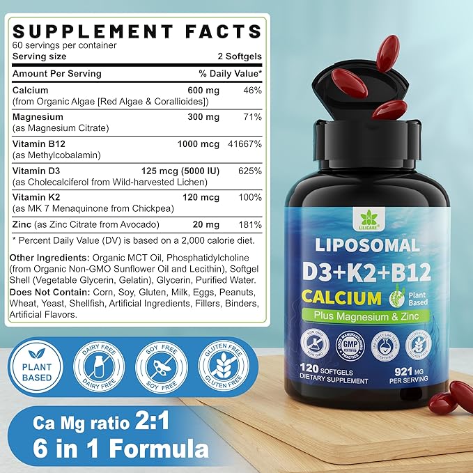 6-in-1 Plant Based Calcium Supplements for Women Men- Calcium 600mg w/ D3 K2 5000 IU Vitamin, Liposomal & Algae Ca-lcium Magnesium Zinc + Vegan Vitamin D 5000 IU + K2 MK7 + Methyl B12 for Bone, 1 Pack