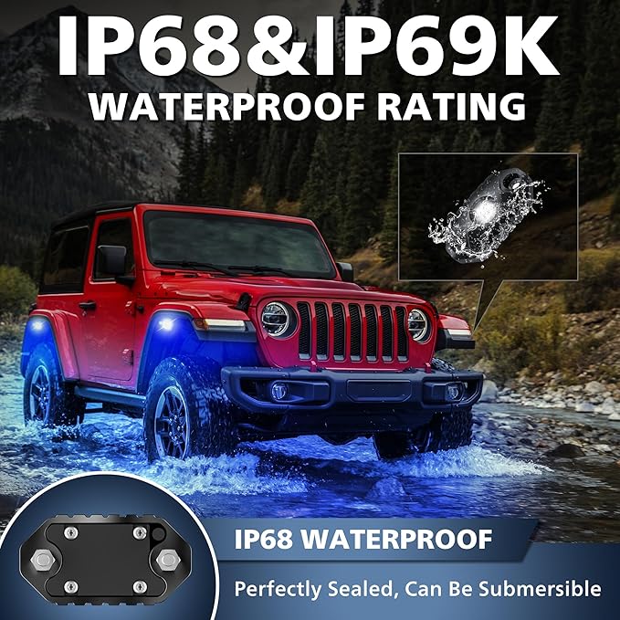 4WDKING Amber LED Rock Lights, 4 Pods IP68 Waterproof Underbody Glow Trail Rig Lamp LED Neon Lights for Truck Off Road Truck Car Boat ATV SUV Motorcycle